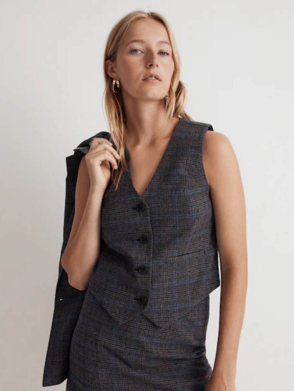 Madewell Wool Italian Crafted Plaid Tailored Vest - Charcoal Gray Size 14